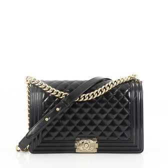 Chanel Boy Flap Bag Quilted Patent New Medium Black 395525