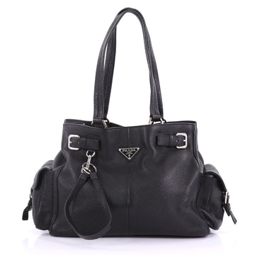 Prada Side Pocket Belt Tote Vitello Daino Medium Black 3961367