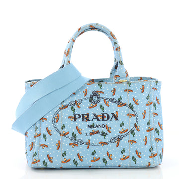 Prada Canapa Convertible Tote Printed Canvas Mini Blue