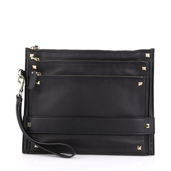 Valentino Rockstud Triple Zip Clutch Leather Black 3961788