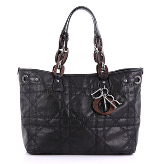Christian Dior Panarea Wood Link Tote Cannage Quilt Canvas Medium