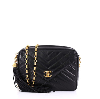 Chanel Vintage Camera Tassel Bag Chevron Lambskin Small Black