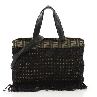 Fendi Vintage Fringe Convertible Tote Zucca Canvas with Woven Net