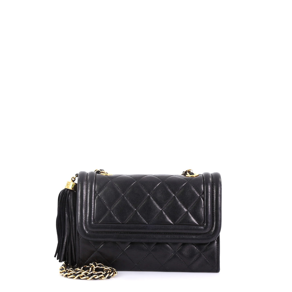 Chanel Vintage Tassel Flap Bag Quilted Lambskin Mini Black 3968595