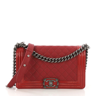 Chanel Boy Flap Bag Quilted Goatskin with Patent Old Medium Red 39693/1