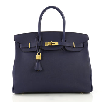 Hermes Birkin Handbag Blue Epsom with Gold Hardware 35 Blue 397161