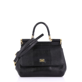 Dolce & Gabbana Miss Sicily Handbag Lizard Embossed Leather Small Black 397262