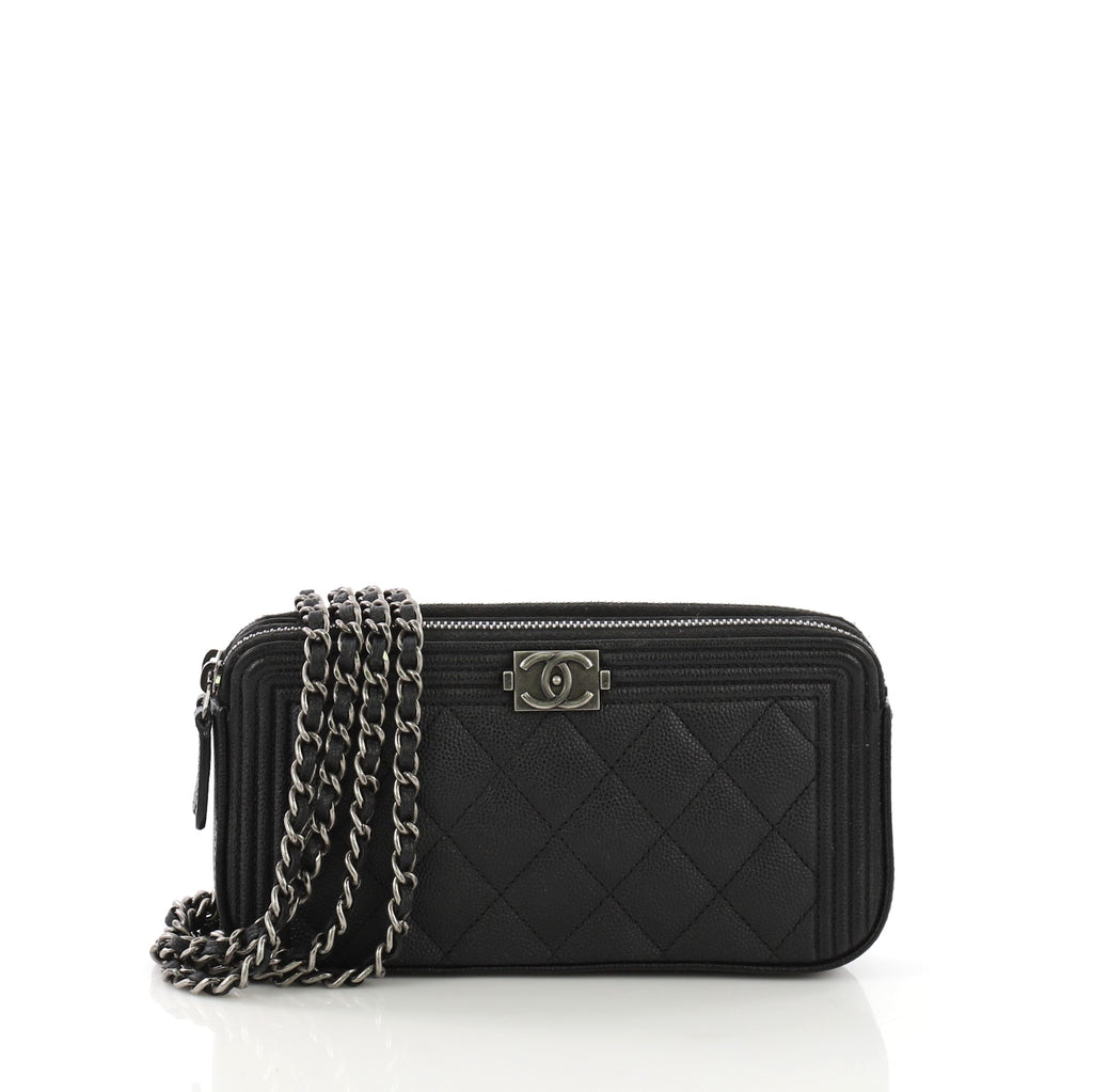 Chanel Boy Double Zip Clutch with Chain Quilted Caviar Black 397861