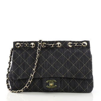 Chanel Chain Through Flap Bag Quilted Denim Jumbo Blue 3978923