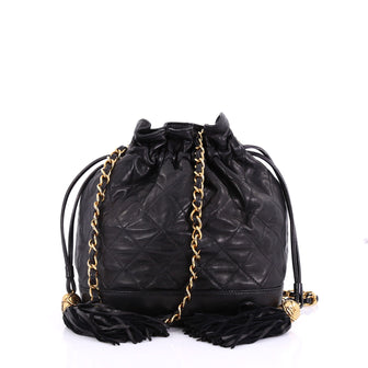 Chanel Vintage Drawstring Bucket Bag Quilted Lambskin Small Black 398323