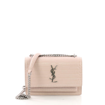 Saint Laurent Sunset Chain Wallet Crocodile Embossed Leather Pink 398341
