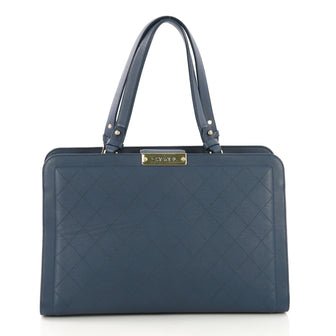 Chanel Label Click Shopping Tote Quilted Calfskin Large Blue