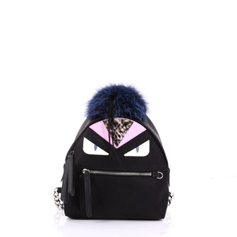 Fendi Monster Backpack Nylon with Leather and Fur Mini Black 400071