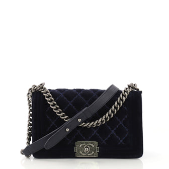 Chanel Boy Flap Bag Quilted Velvet Old Medium Blue 400174