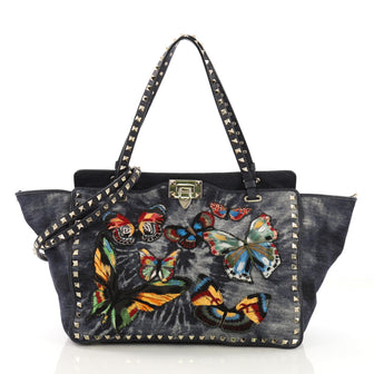 Valentino Rockstud Tote Denim with Butterfly Applique Small Blue 40048/01