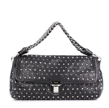 Prada Lux Chain Pushlock Flap Shoulder Bag Studded Leather Black