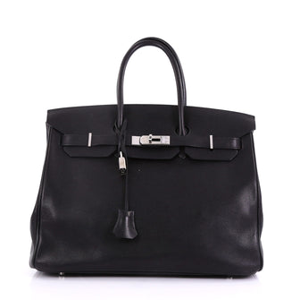 Birkin Handbag Noir Evergrain with Palladium Hardware 35