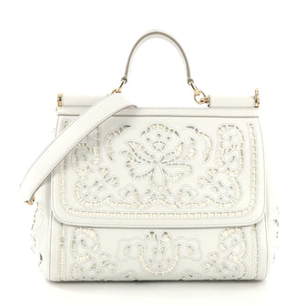 Dolce & Gabbana Miss Sicily Handbag Laser Cut Leather Large White