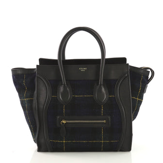 Celine Multicolor Luggage Handbag Tartan Tweed with Leather Mini Black 4006652