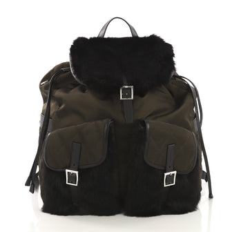 Prada Double Front Pocket Backpack Tessuto with Fur Medium Green 4006654