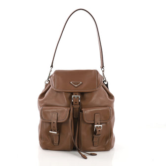 Prada Double Pocket Shoulder Bag Soft Calfskin Medium Brown 40066/57