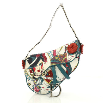 Christian Dior Vintage Saddle Bag Printed Satin Medium Blue