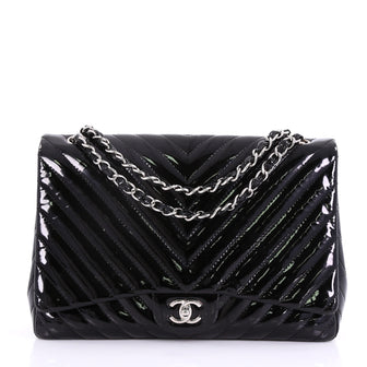 Chanel Classic Single Flap Bag Chevron Patent Maxi Black