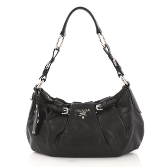 Prada Buckle Pleated Shoulder Bag Soft Calfskin Medium Black 401382