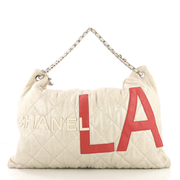 Chanel LA Large Jersey Quilted Hobo Shoulder Bag White