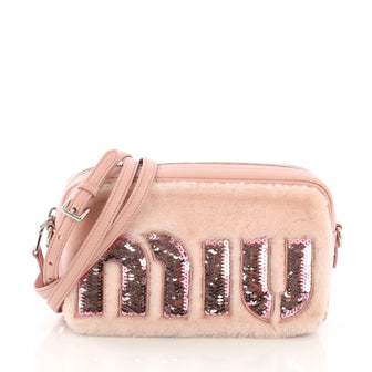 Miu Miu Logo Crossbody Bag Sequin Embellished Shearling Small Pink 40197/45