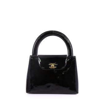 Chanel Vintage Top Handle Flap Bag Patent Small Black