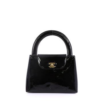 Chanel Vintage Top Handle Flap Bag Patent Small Black