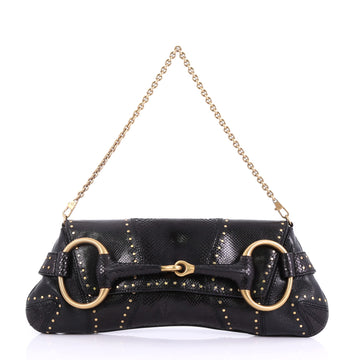 Gucci Horsebit Chain Strap Clutch Snakeskin Large Black 40237/3