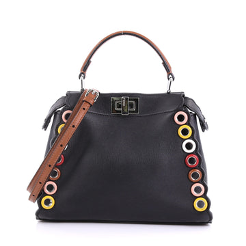 Fendi Eyelet Peekaboo Handbag Leather Mini Black