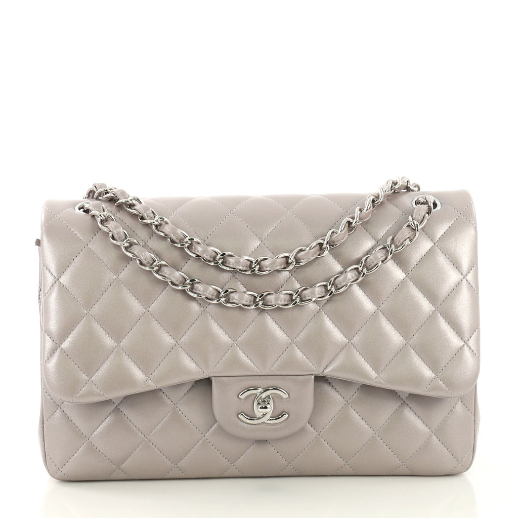 Chanel Classic Double Flap Bag Quilted Lambskin Jumbo Gray 403001