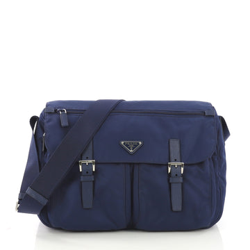Prada Zip Buckle Messenger Bag Tessuto Medium Blue