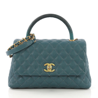 Chanel Coco Top Handle Bag Quilted Caviar with Lizard Small Blue