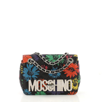 Moschino Logo Flap Shoulder Bag Quilted Printed Leather Medium