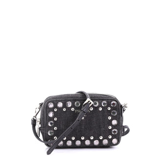 Prada Zip Crossbody Bag Rhinestone Embellished Denim Mini Black