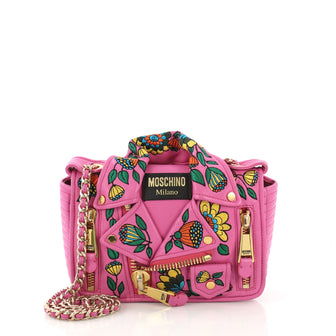 Moschino Biker Bag Embroidered Leather Small Pink