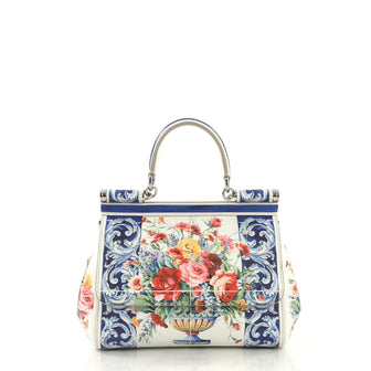 Dolce & Gabbana Miss Sicily Handbag Printed Leather Small Blue