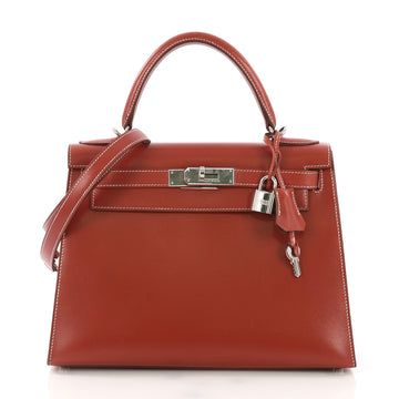 Hermes Kelly Handbag Red Box Calf with Palladium Hardware 28 Red