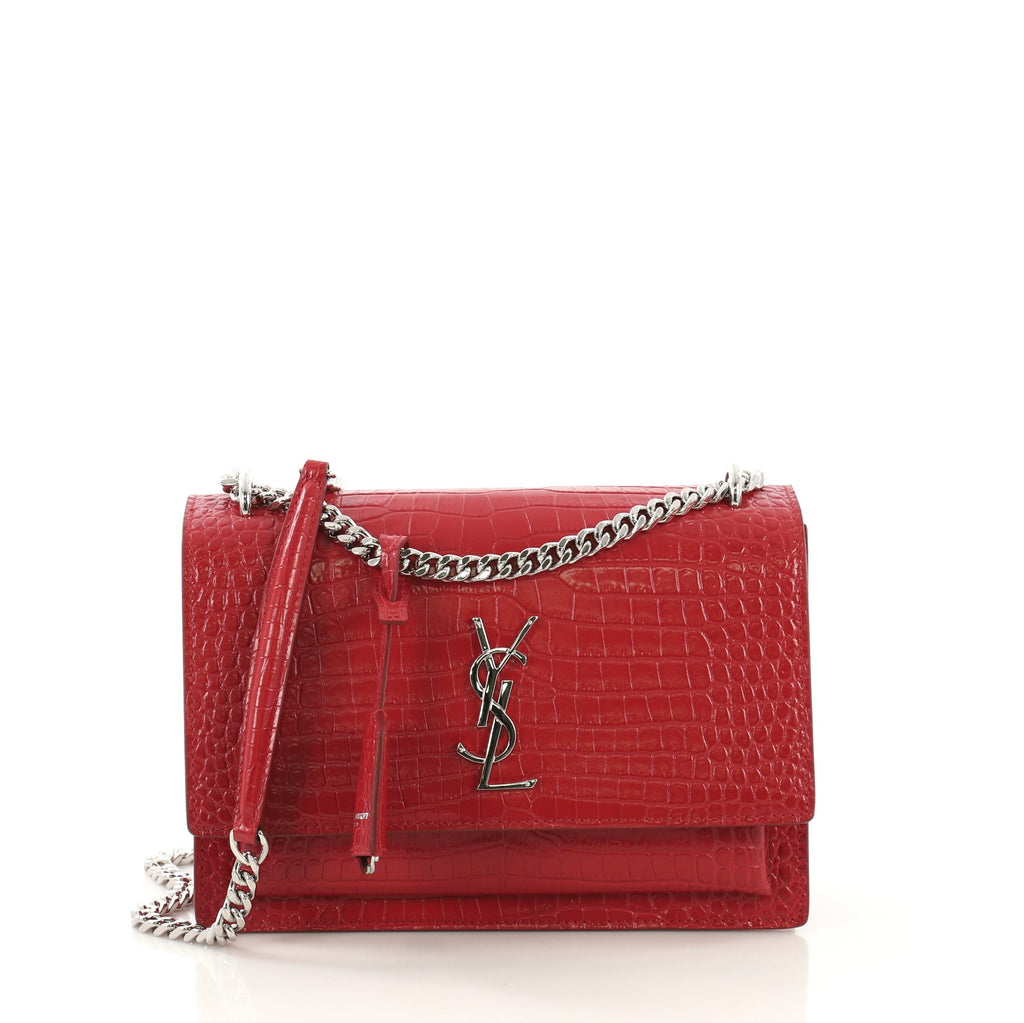 Saint Laurent Crocodile-embossed Sunset Bag in Red