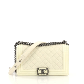 Chanel Model: Boy Flap Bag Quilted Goatskin with Patent Old Medium  White 40568/30