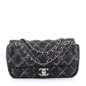 Chanel Tweed On Stitch Flap Bag Quilted Nylon Medium Black