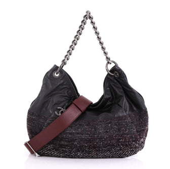 Chanel Coco Pleats Hobo Leather and Tweed Large Black