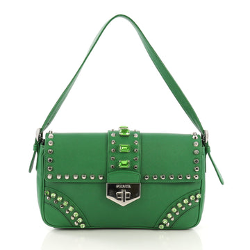 Prada Turnlock Flap Shoulder Bag Studded Saffiano Leather Medium