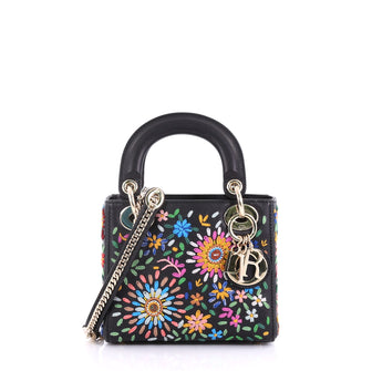 Christian Dior Lady Dior Handbag Embroidered Calfskin Mini Black 40599/1