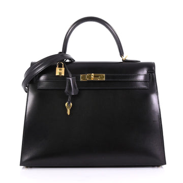 Kelly Handbag Noir Box Calf with Gold Hardware 35