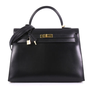 Kelly Handbag Noir Box Calf with Gold Hardware 35